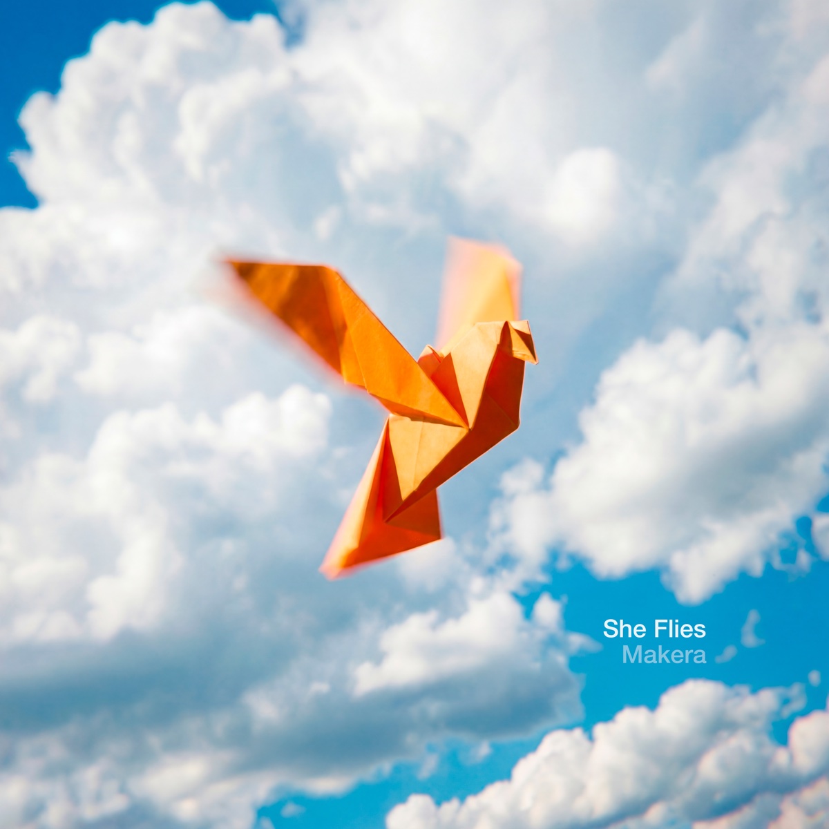 She Flies cover artwork — origami bird flying through clouds